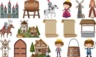 Medieval characters buildings set vector