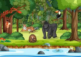 Wild animals in the forest scene vector