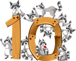 Ten raccoons attached to number ten vector