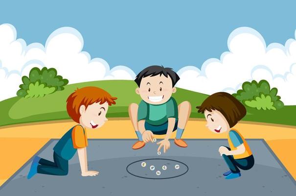 Outdoor park with children playing marbles