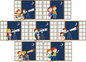 conjunto de diferentes niños observan el cielo nocturno con telescopio vector