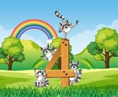 Four raccoons attached to number four vector