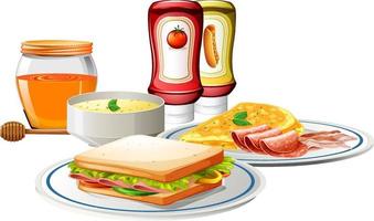 juego de desayuno con sándwich y sopa vector