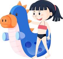 chica en traje de baño junto a un dinosaurio inflable vector