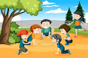 Children playing jack stones at the park vector