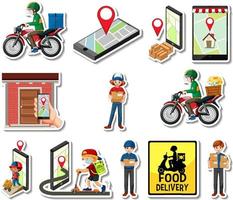 Sticker set of delivery objects and cartoon characters vector