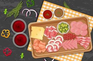 Top view of lunch meat on a wooden tray vector