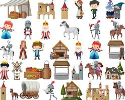 Medieval characters buildings set vector