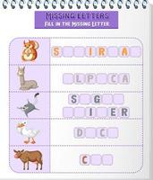 Fill the missing letter of each word worksheet for children vector