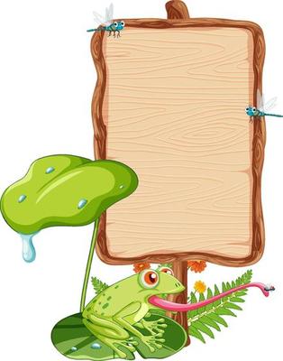 Blank wooden signboard with frogs