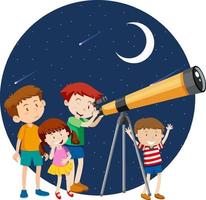 Happy kids observe night sky with telescope vector