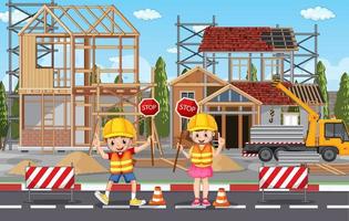 Building construction site and workers vector