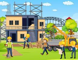 sitio de construcción de edificios con trabajadores vector