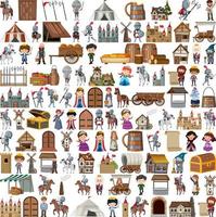 Medieval characters buildings set vector