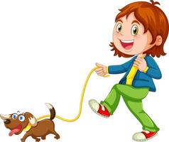 A girl walking her dog on white background vector