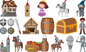 Medieval characters buildings set vector