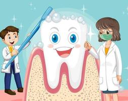 dentista feliz cepillando y cuidando un diente grande sobre fondo azul