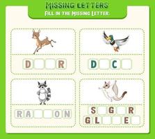 Fill the missing letter of each word worksheet for children vector