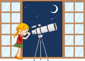 una niña observa el cielo nocturno con telescopio vector