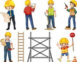 Set of construction site objects and workers vector