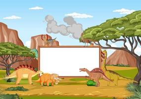 Scene with dinosaurs and board in the field