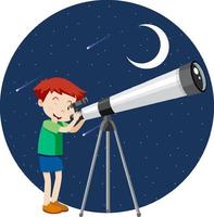 A boy looking through telescope at night vector