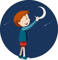 un niño señalando con el dedo a la luna vector