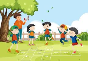 Children playing hopscotch game at the park vector