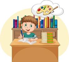 A kid doing homework with speech bubble in the library vector