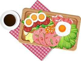 Top view of lunch meat on wooden tray vector