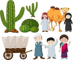 Arabic people with camel and cactus vector