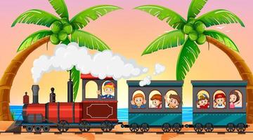 Many children riding on the train at sunset vector