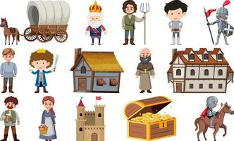 Medieval characters buildings set vector