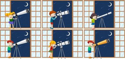 conjunto de diferentes niños observan el cielo nocturno con telescopio vector