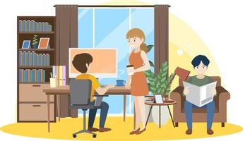 People working on computer at home vector