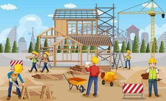 Building construction site with workers vector