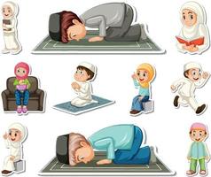conjunto de pegatinas de símbolos religiosos islámicos y personajes de dibujos animados vector