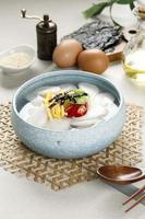 Tteokguk Korean Rice Cake Bar Soup for Seollal New Year, Topping with Slice Egg, Chilli, and Sesame Seed photo