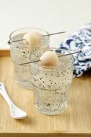 Bird Nest Ice or Es Sarang Burung, Indonesian Traditional Refreshment Made from Shredded Jelly, Basil Seed, Lyche, Simple Syrup, and Nata de Coco. Popular for Iftar Ramadan or Takjil.