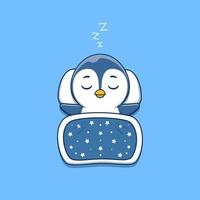 cute penguin sleeping with pillow and blanket vector