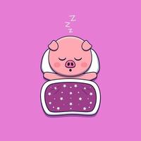 cute pig sleeping with pillow and blanket vector