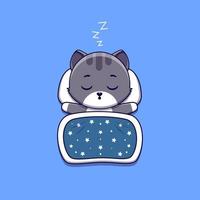 cute cat sleeping with pillow and blanket vector