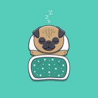 cute pug dog sleeping with pillow and blanket vector