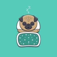 cute pug dog sleeping with pillow and blanket vector