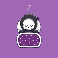 cute grim reaper sleeping with pillow and blanket vector