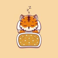 cute tiger sleeping with pillow and blanket vector