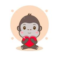 Cute gorilla hugging love heart cartoon character illustration vector