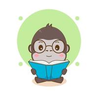 Cute nerd gorilla reading book with glasses cartoon character illustration vector