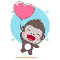 Cute gorilla flying with love balloon cartoon character illustration vector