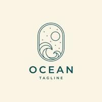 Ocean beach Sun Wave line outline Logo Design vector